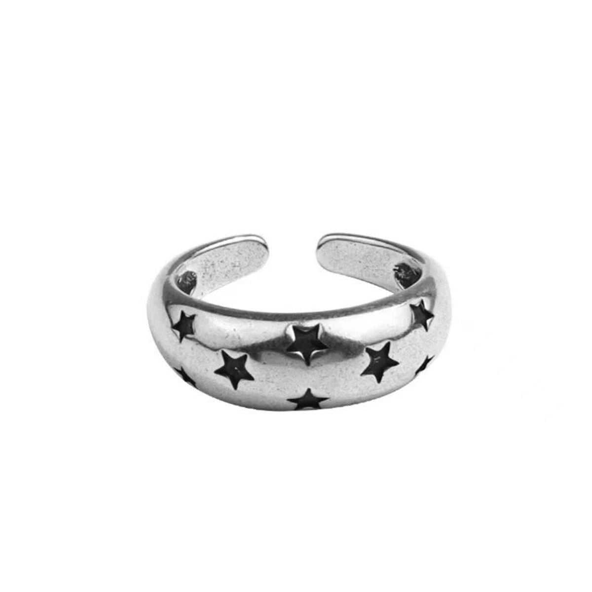 Black Star Glossy Silver Open Back Free Size Band Ring For Women Bulk