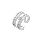 H Dual Layer Baguette CZ Silver Anti Tarnish Free Size Ring Bulk