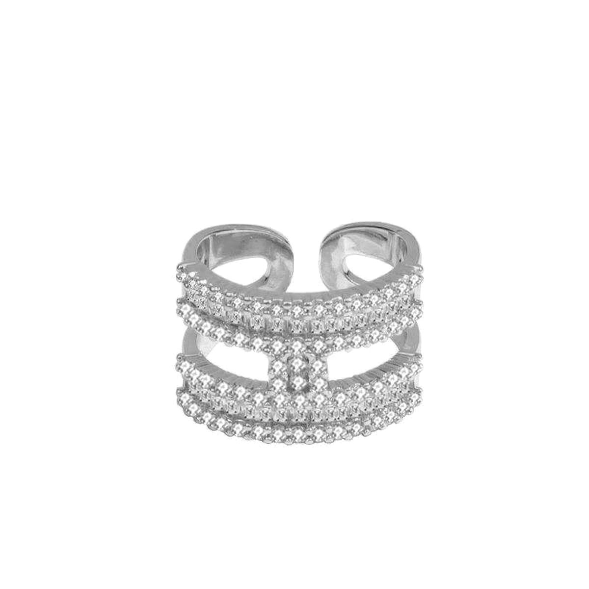 H Dual Layer Baguette CZ Silver Anti Tarnish Free Size Ring Bulk