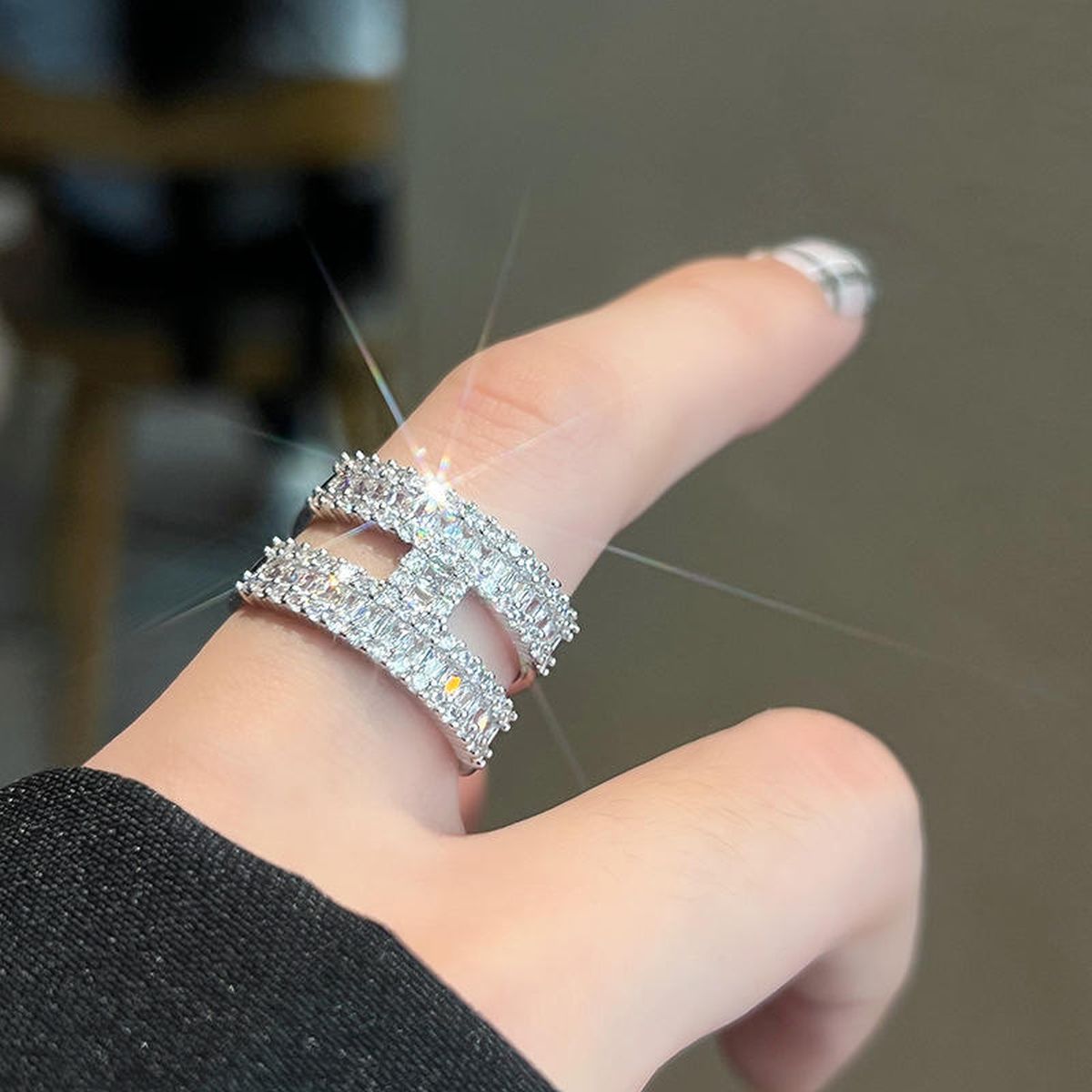 H Dual Layer Baguette CZ Silver Anti Tarnish Free Size Ring Bulk Secondary image