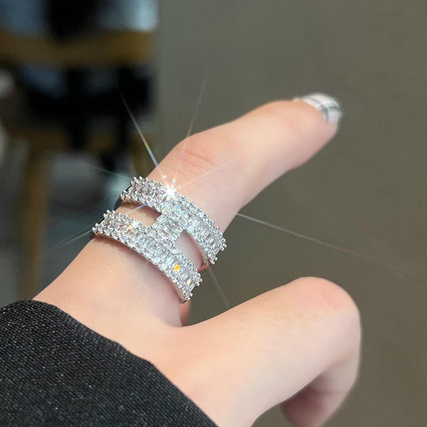 H Dual Layer Baguette CZ Silver Anti Tarnish Free Size Ring Bulk Secondary image