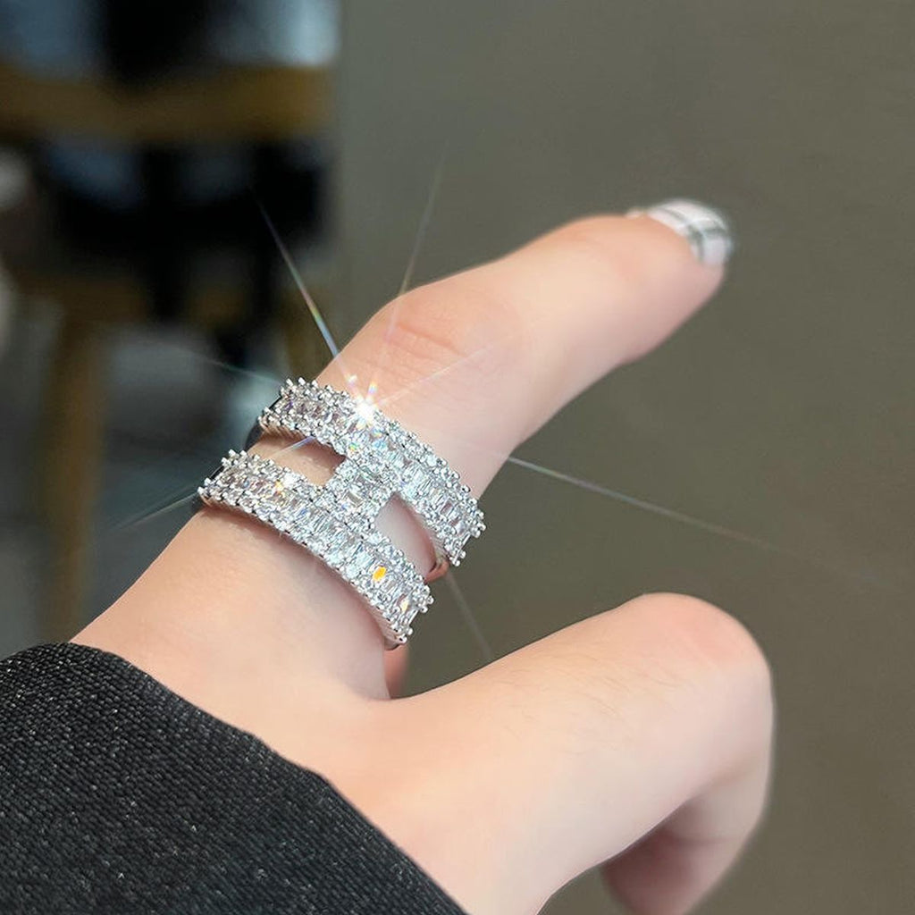 H Dual Layer Baguette CZ Silver Anti Tarnish Free Size Ring Bulk