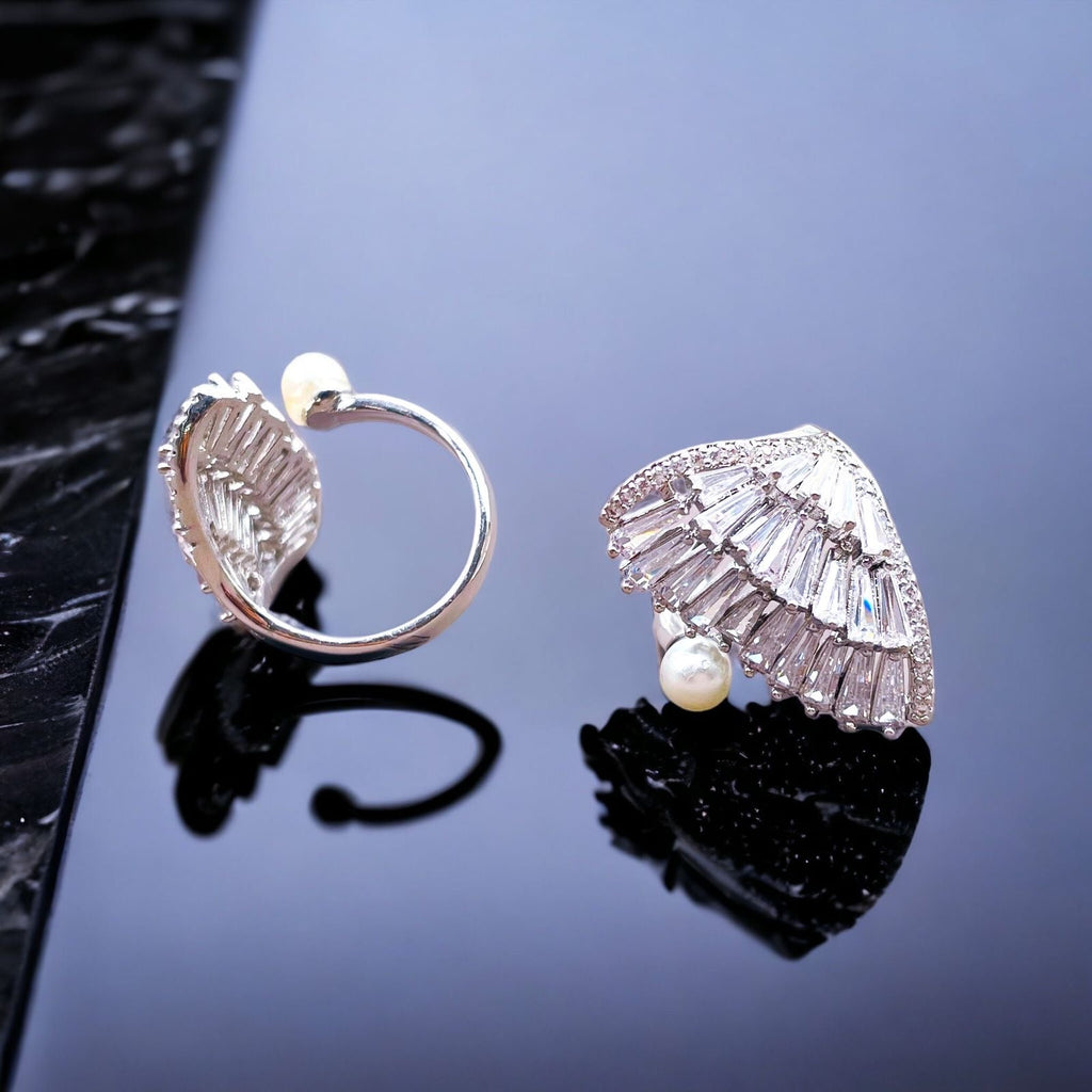 Hand Fan Baguette CZ Pearl Silver Anti Tarnish Free Size Ring Bulk
