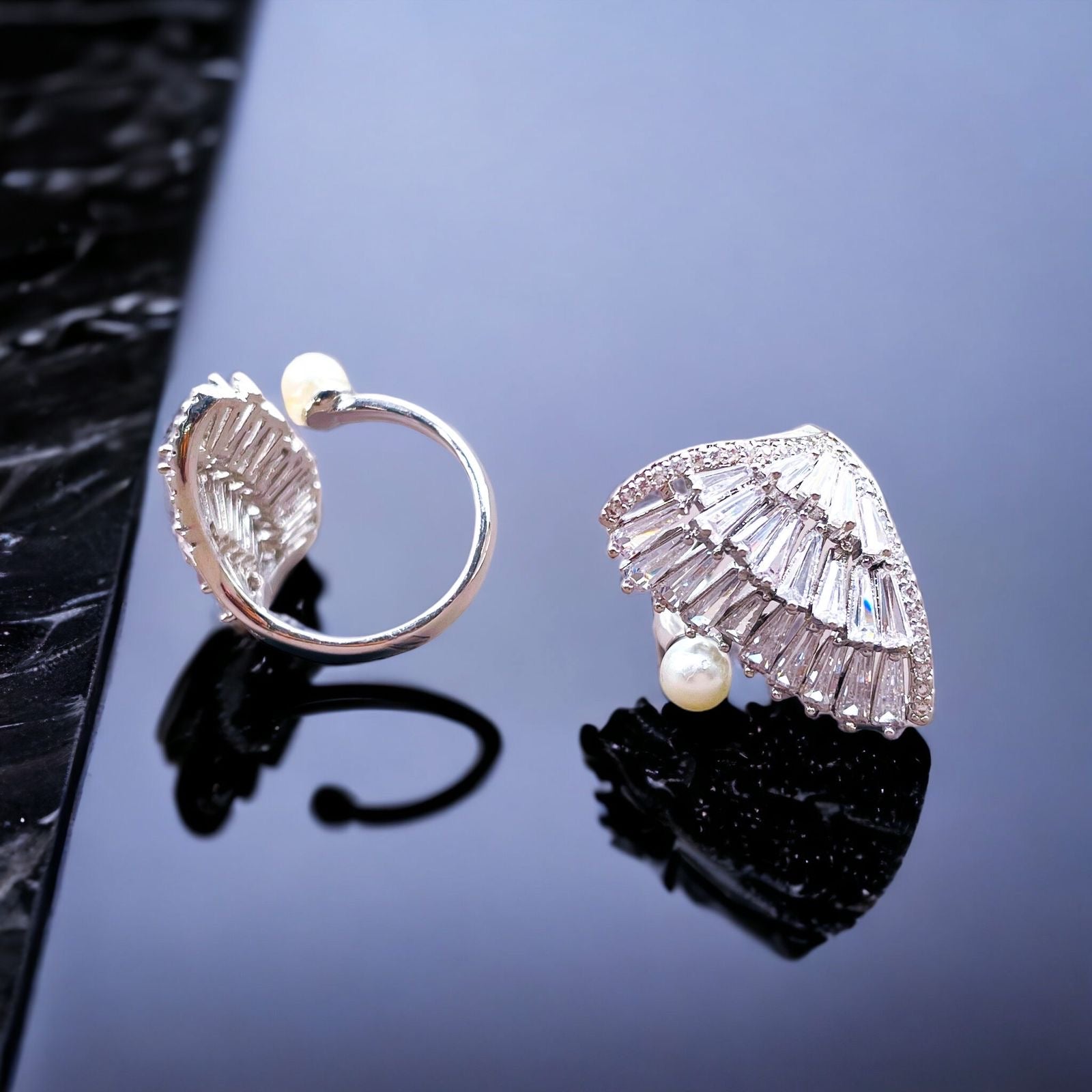 Hand Fan Baguette CZ Pearl Silver Anti Tarnish Free Size Ring Bulk