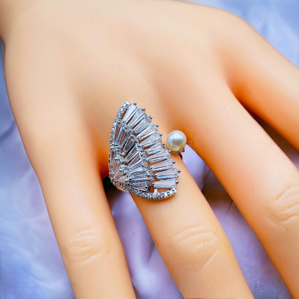 Hand Fan Baguette CZ Pearl Silver Anti Tarnish Free Size Ring Bulk