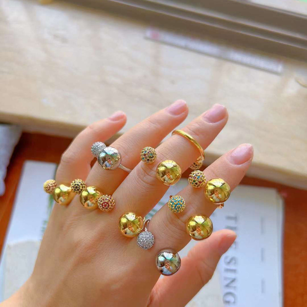 Double CZ 18K Gold Glossy Ball Anti Tarnish Free Size Ring Bulk