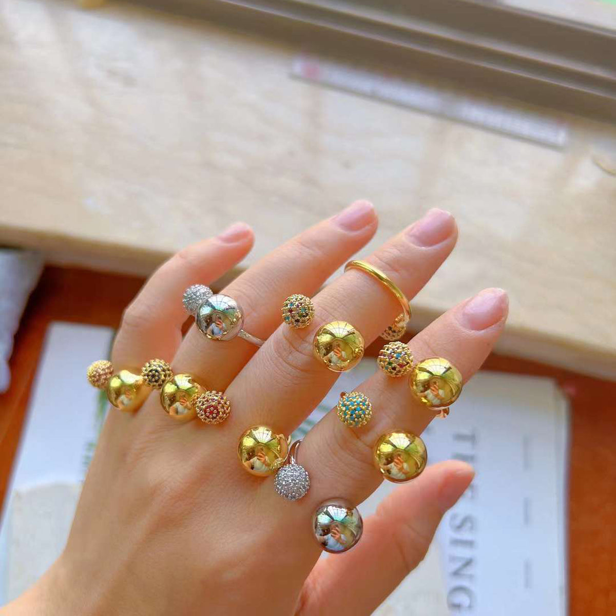Double CZ 18K Gold Glossy Ball Anti Tarnish Free Size Ring Bulk