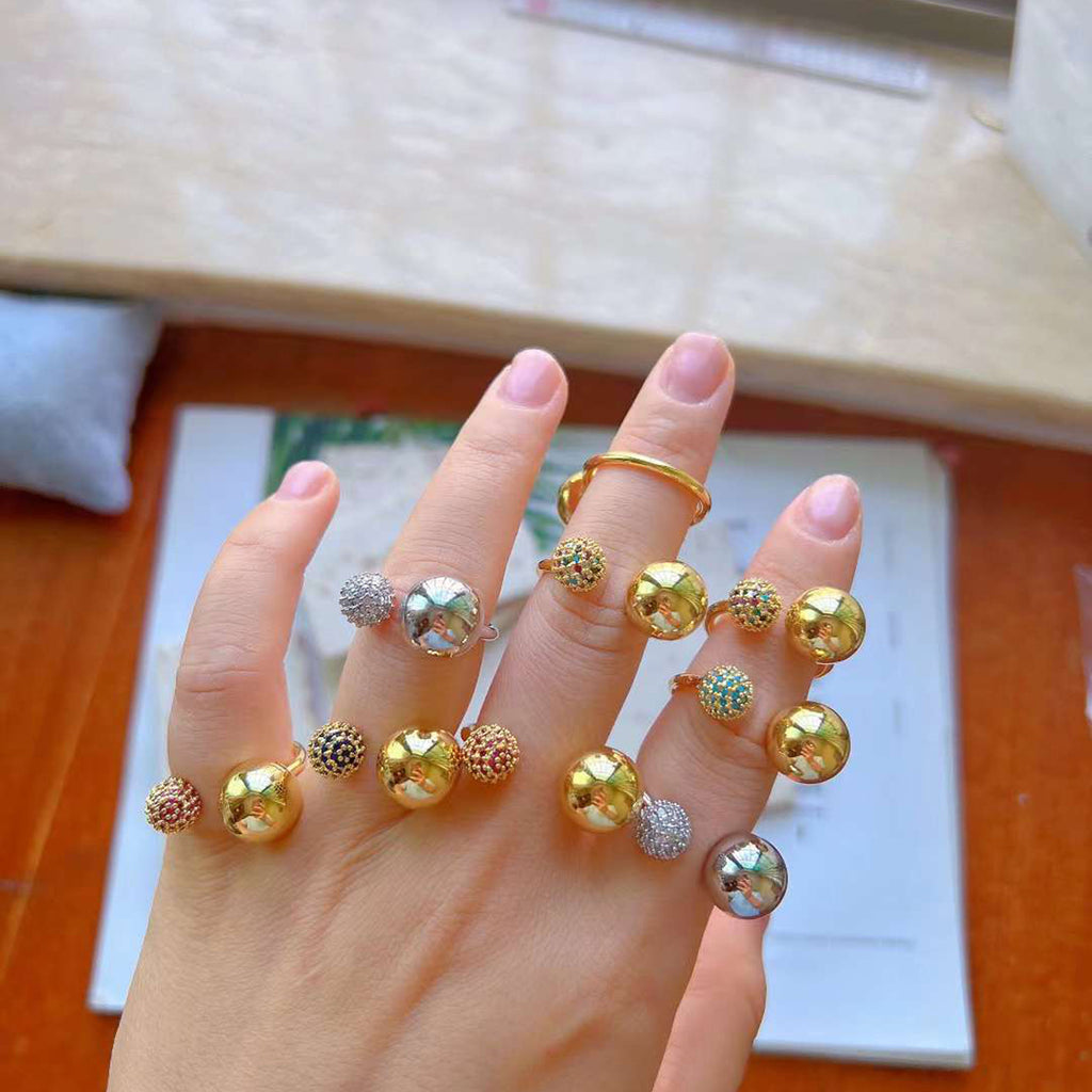 Double CZ 18K Gold Glossy Ball Anti Tarnish Free Size Ring Bulk