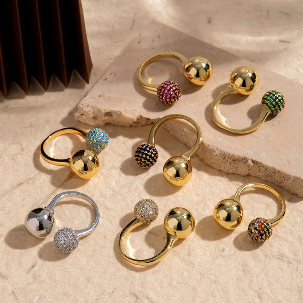 Double CZ 18K Gold Glossy Ball Anti Tarnish Free Size Ring Bulk
