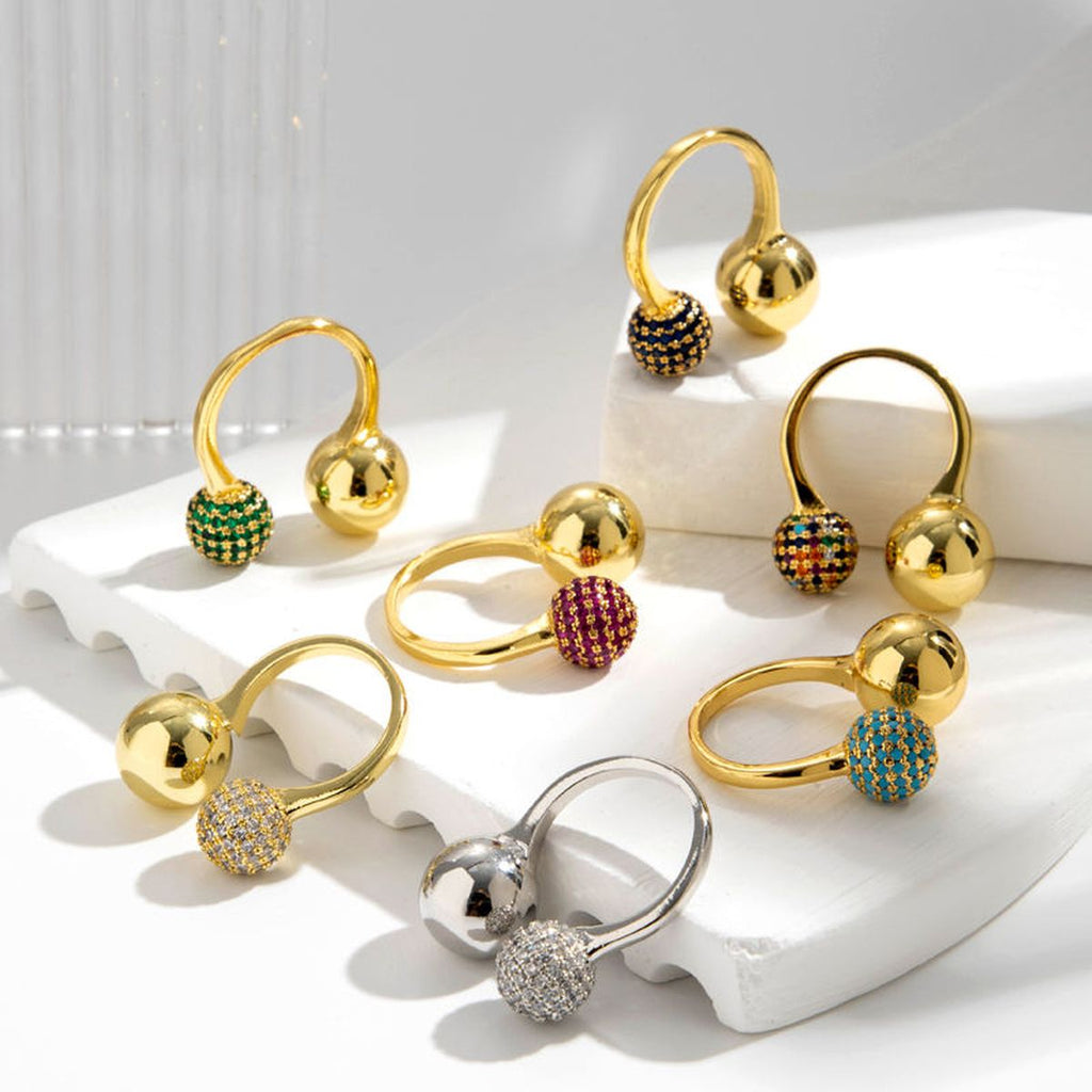 Double CZ 18K Gold Glossy Ball Anti Tarnish Free Size Ring Bulk