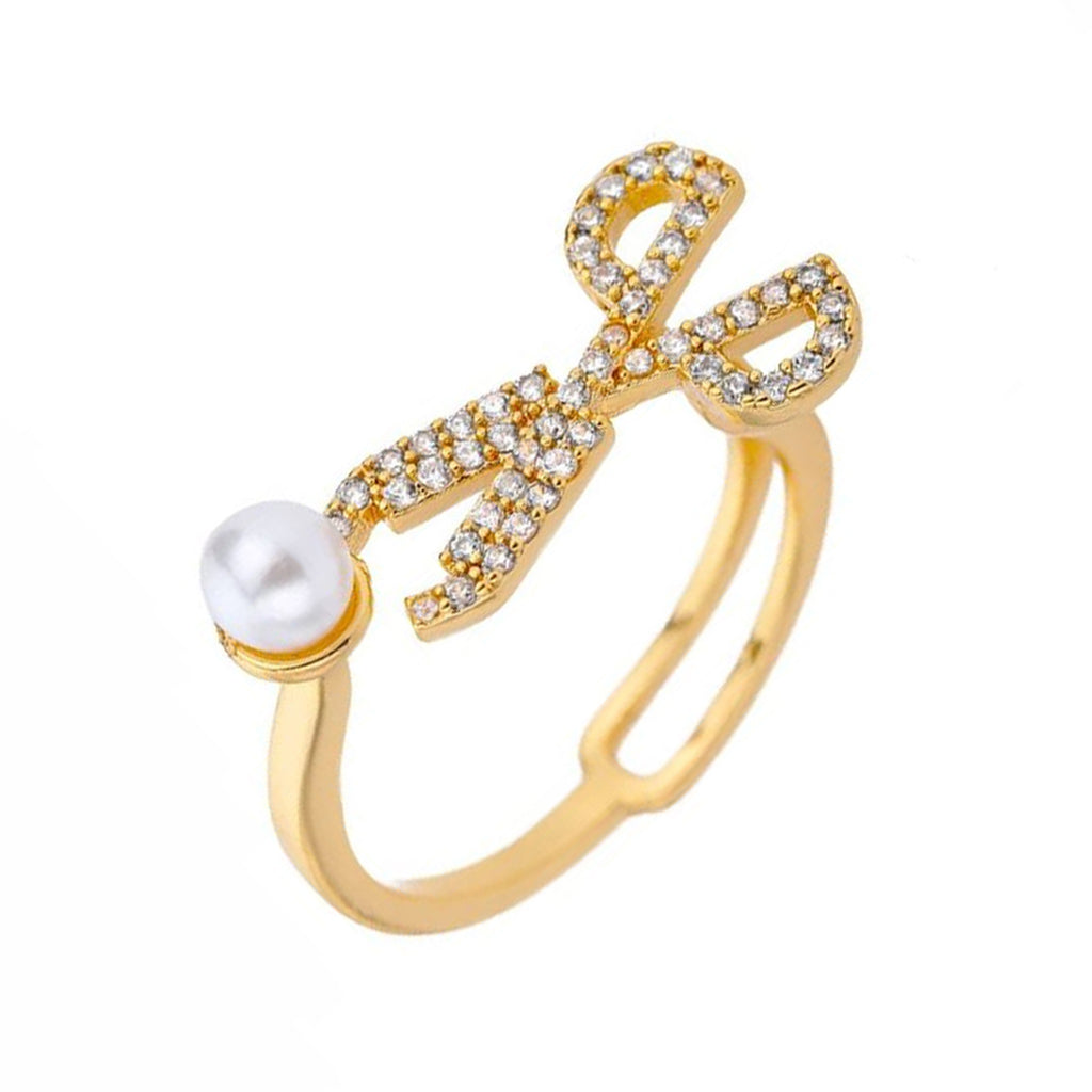 Scissor Pearl Cubic Zirconia 18K Gold Anti Tarnish Free Size Ring Bulk