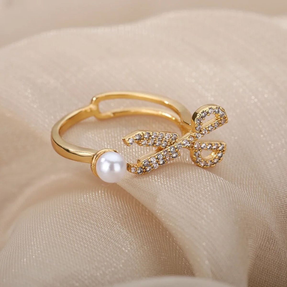 Scissor Pearl Cubic Zirconia 18K Gold Anti Tarnish Free Size Ring Bulk