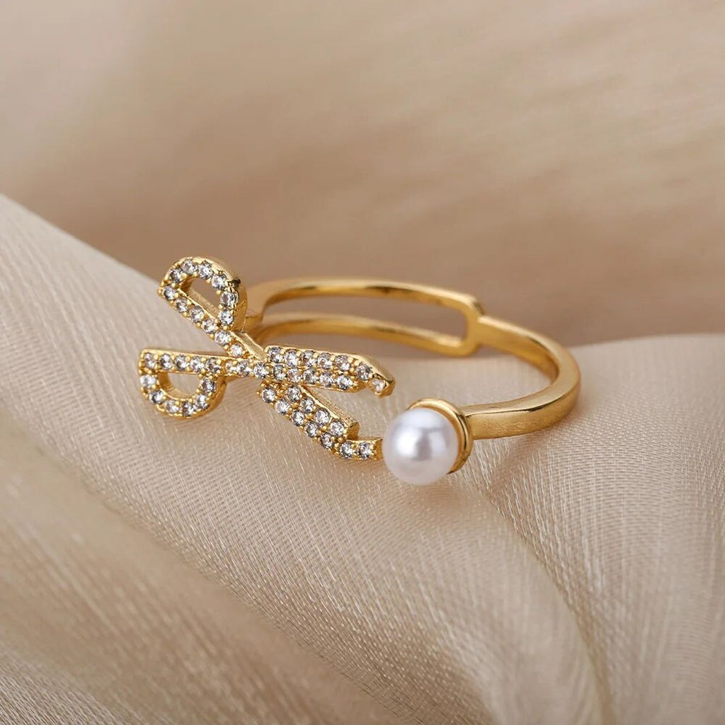 Scissor Pearl Cubic Zirconia 18K Gold Anti Tarnish Free Size Ring Bulk