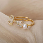 Scissor Pearl Cubic Zirconia 18K Gold Anti Tarnish Free Size Ring Bulk