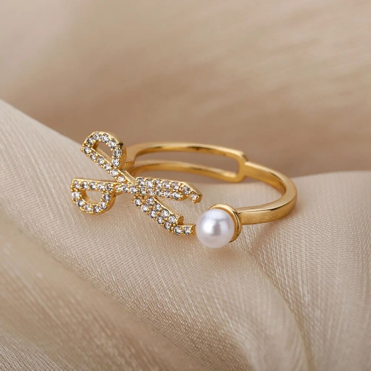 Scissor Pearl Cubic Zirconia 18K Gold Anti Tarnish Free Size Ring Bulk