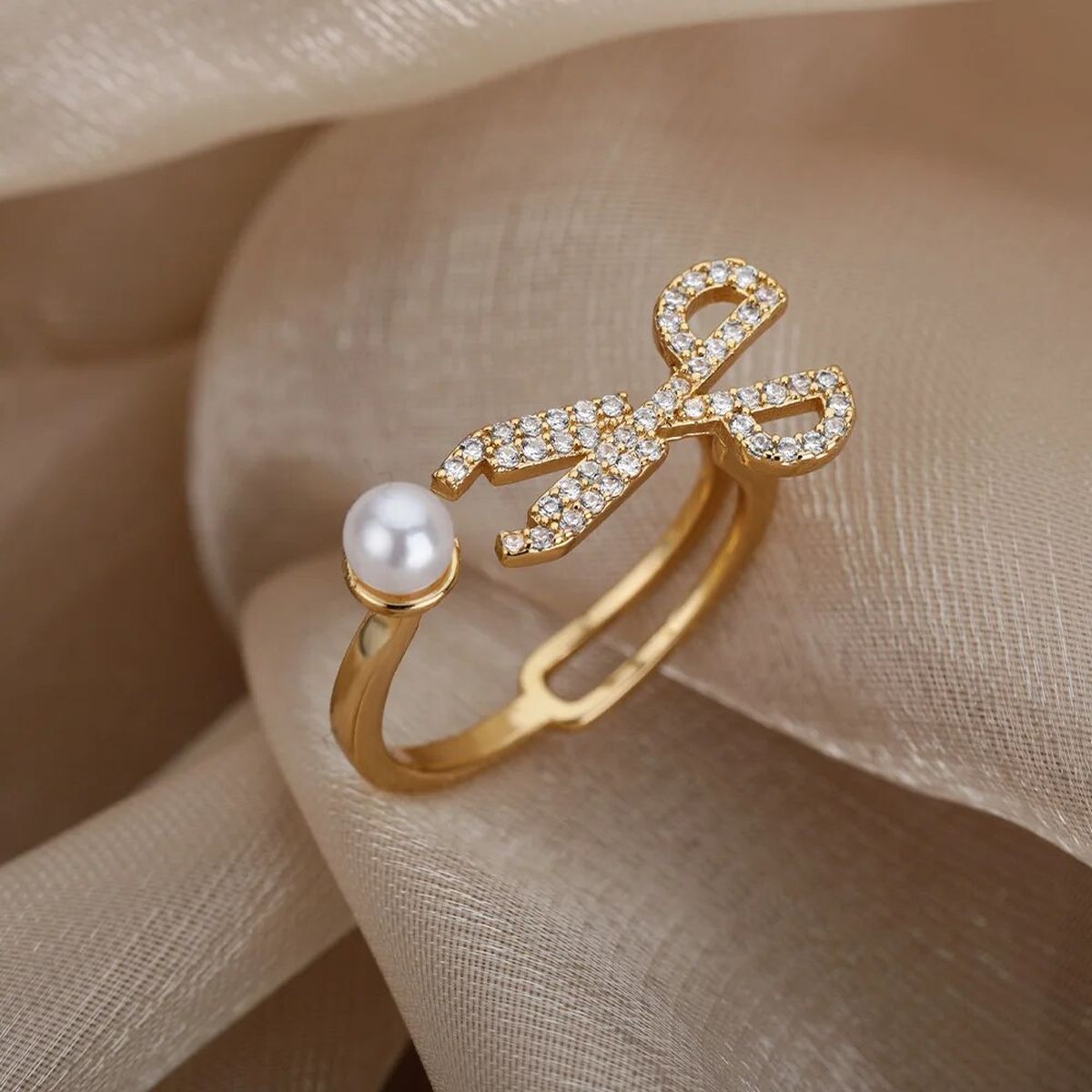 Scissor Pearl Cubic Zirconia 18K Gold Anti Tarnish Free Size Ring Bulk Main image