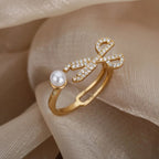 Scissor Pearl Cubic Zirconia 18K Gold Anti Tarnish Free Size Ring Bulk