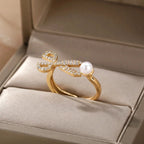 Scissor Pearl Cubic Zirconia 18K Gold Anti Tarnish Free Size Ring Bulk