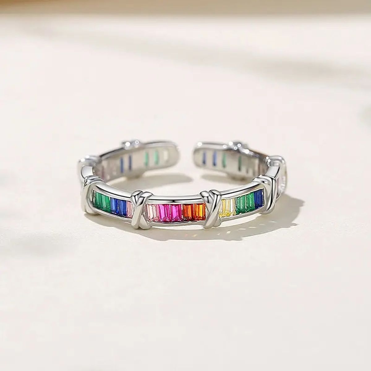 Rainbow Multi Color Silver Anti Tarnish Free Size Adjustable Ring Bulk Main image