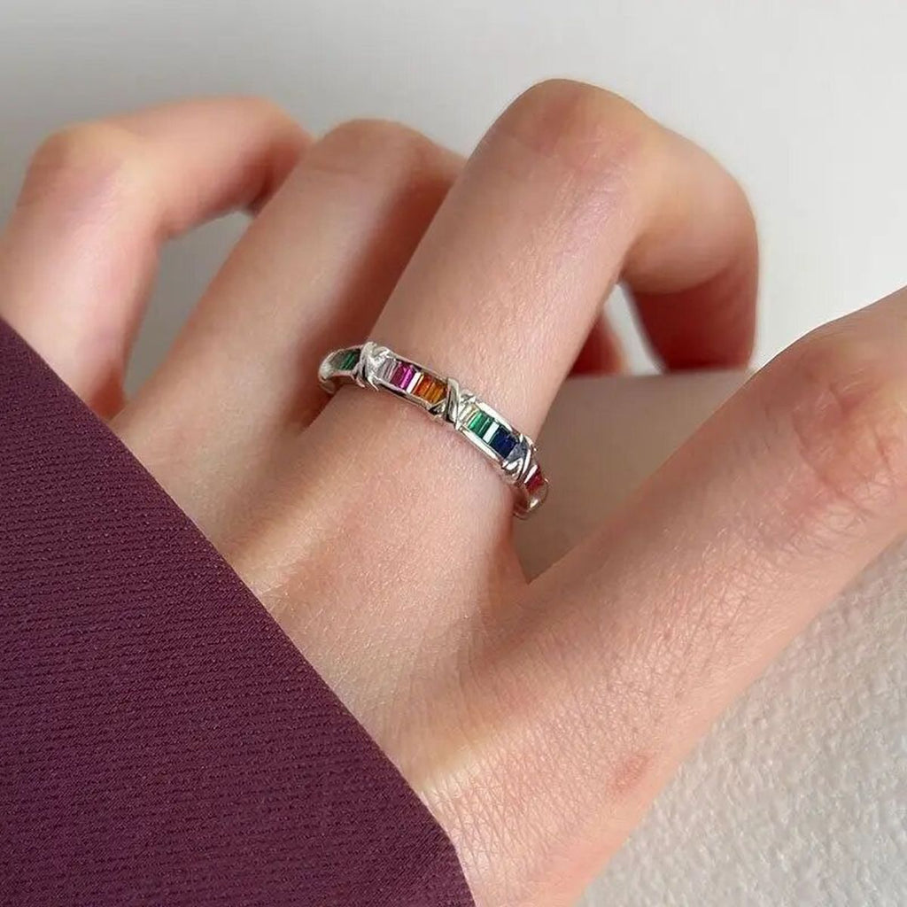 Rainbow Multi Color Silver Anti Tarnish Free Size Adjustable Ring Bulk