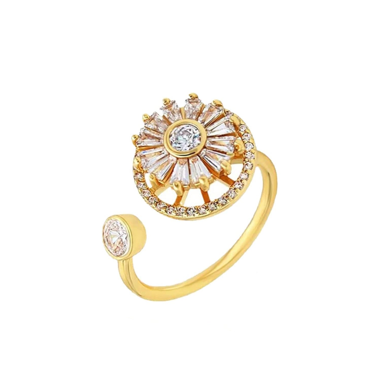 Revolving Flower Baguette CZ 18K Gold Free Size Open Back Ring Bulk