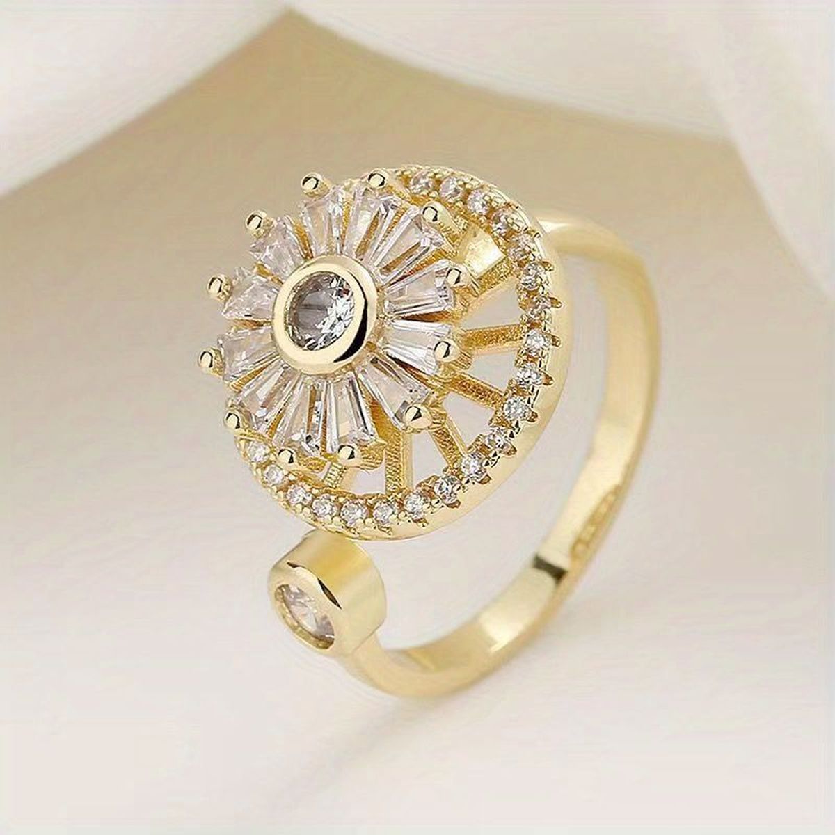 Revolving Flower Baguette CZ 18K Gold Free Size Open Back Ring Bulk Main image