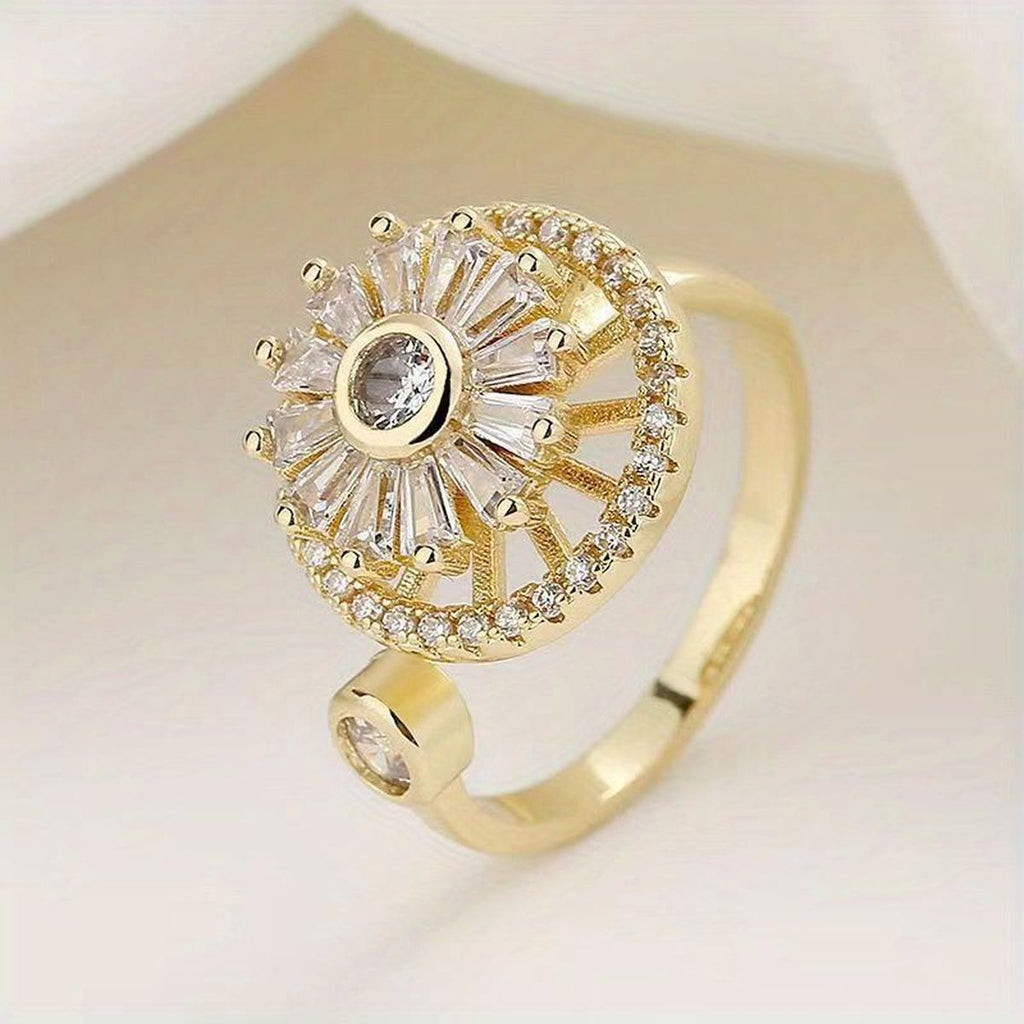 Revolving Flower Baguette CZ 18K Gold Free Size Open Back Ring Bulk
