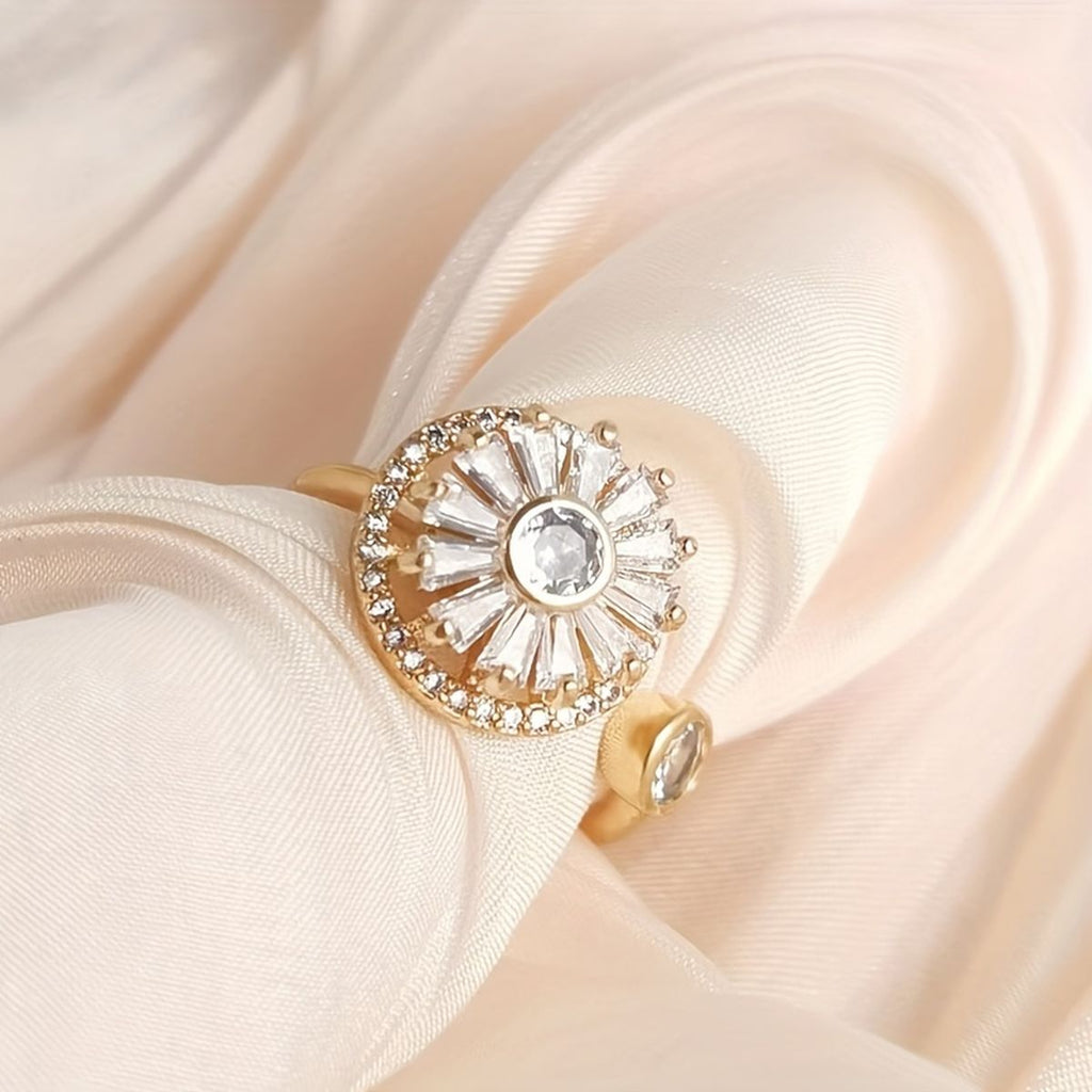 Revolving Flower Baguette CZ 18K Gold Free Size Open Back Ring Bulk