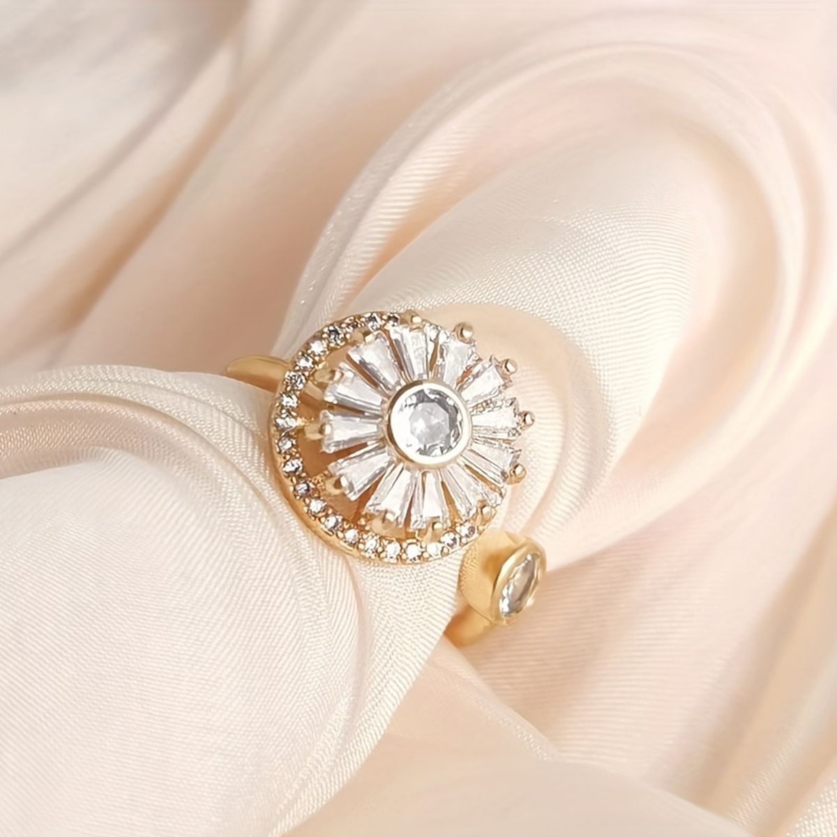 Revolving Flower Baguette CZ 18K Gold Free Size Open Back Ring Bulk