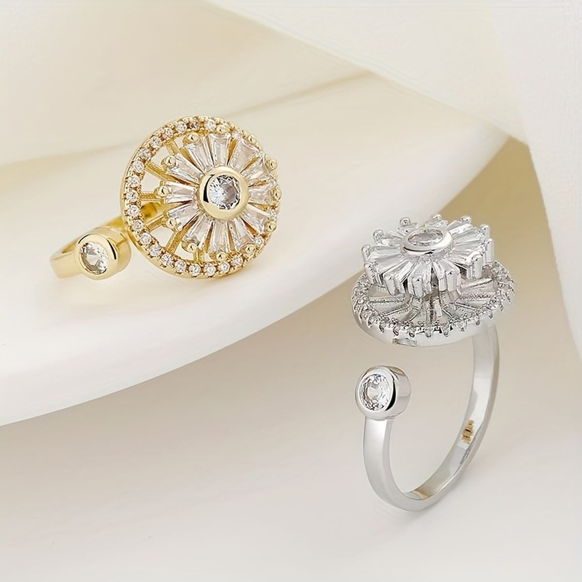 Revolving Flower Baguette CZ 18K Gold Free Size Open Back Ring Bulk