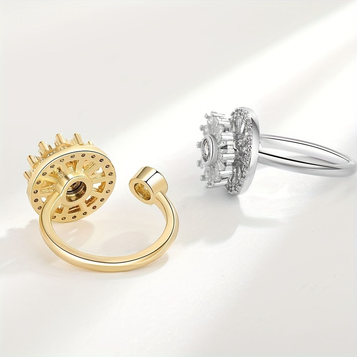 Revolving Flower Baguette CZ 18K Gold Free Size Open Back Ring Bulk