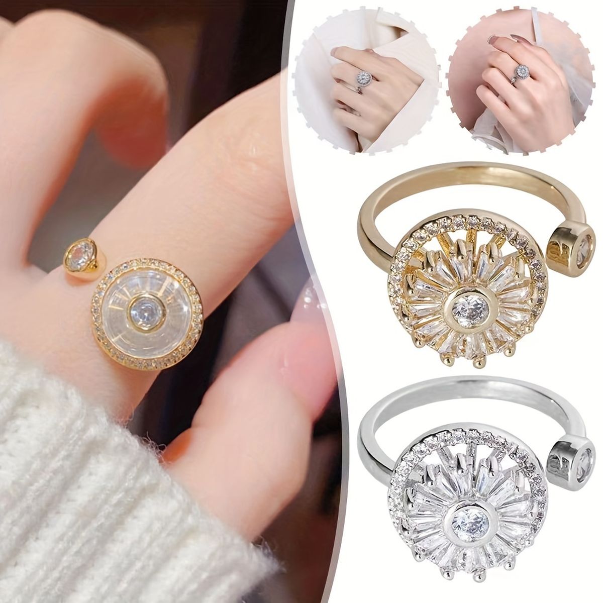 Revolving Flower Baguette CZ 18K Gold Free Size Open Back Ring Bulk