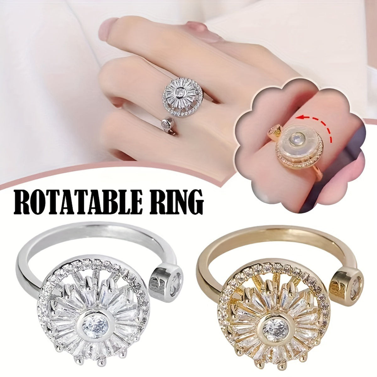 Revolving Flower Baguette CZ 18K Gold Free Size Open Back Ring Bulk