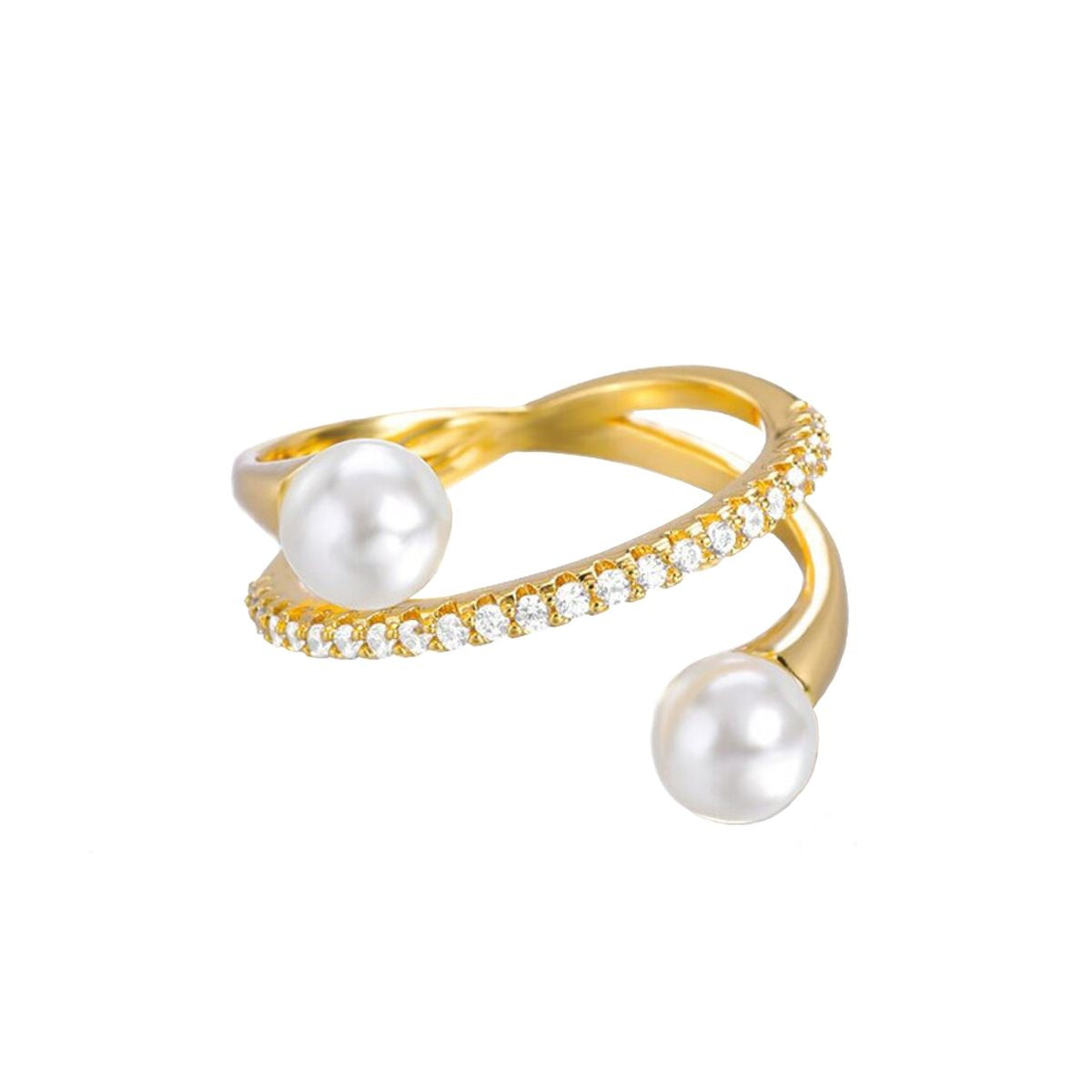 Dual Pearl Cubic Zirconia 18K Gold Free Size Open Back Ring Women Bulk