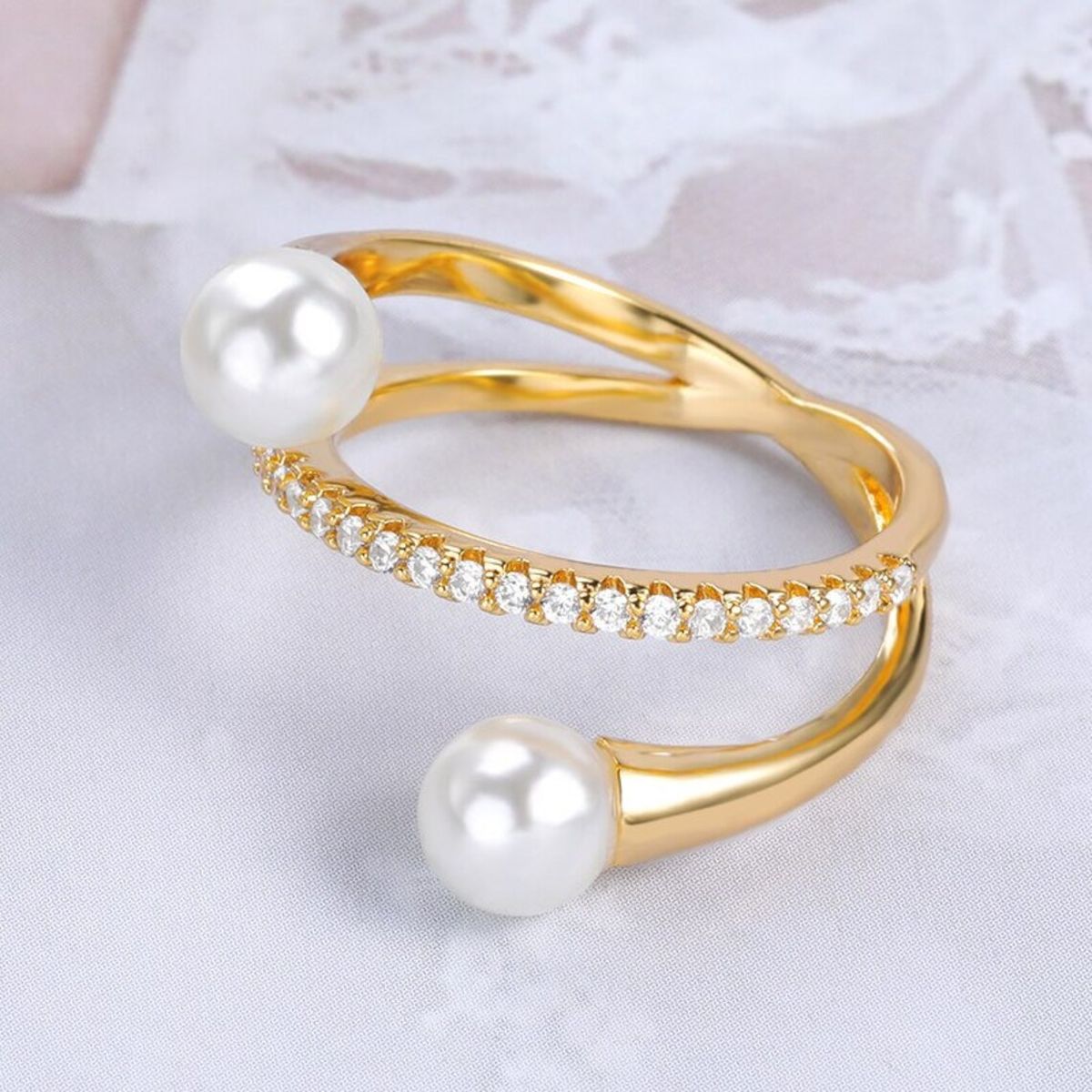 Dual Pearl Cubic Zirconia 18K Gold Free Size Open Back Ring Women Bulk Main image
