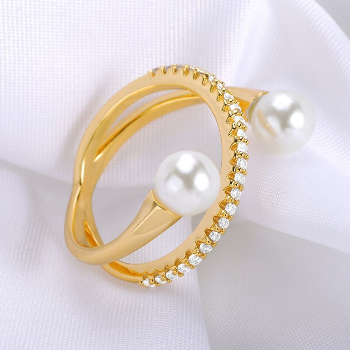 Dual Pearl Cubic Zirconia 18K Gold Free Size Open Back Ring Women Bulk