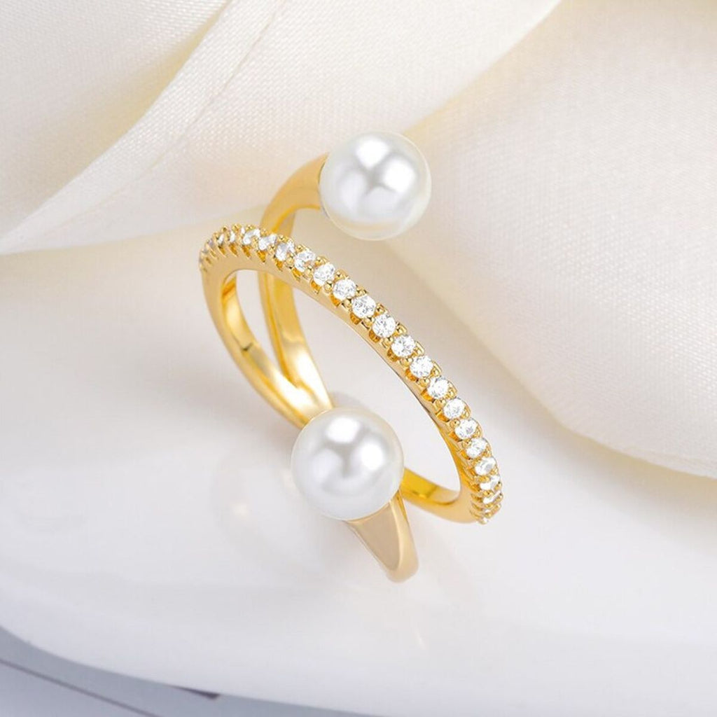 Dual Pearl Cubic Zirconia 18K Gold Free Size Open Back Ring Women Bulk