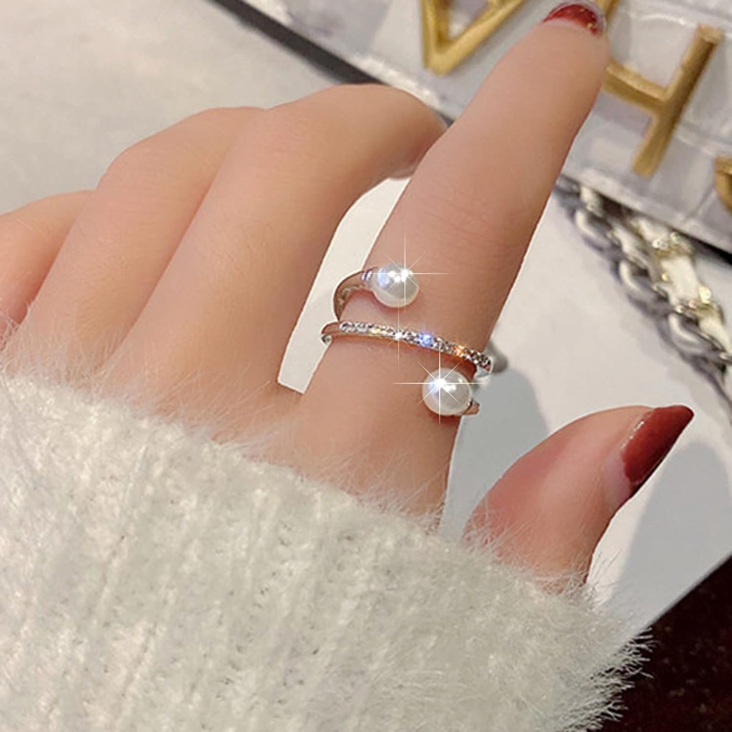 Dual Pearl Cubic Zirconia 18K Gold Free Size Open Back Ring Women Bulk Secondary image
