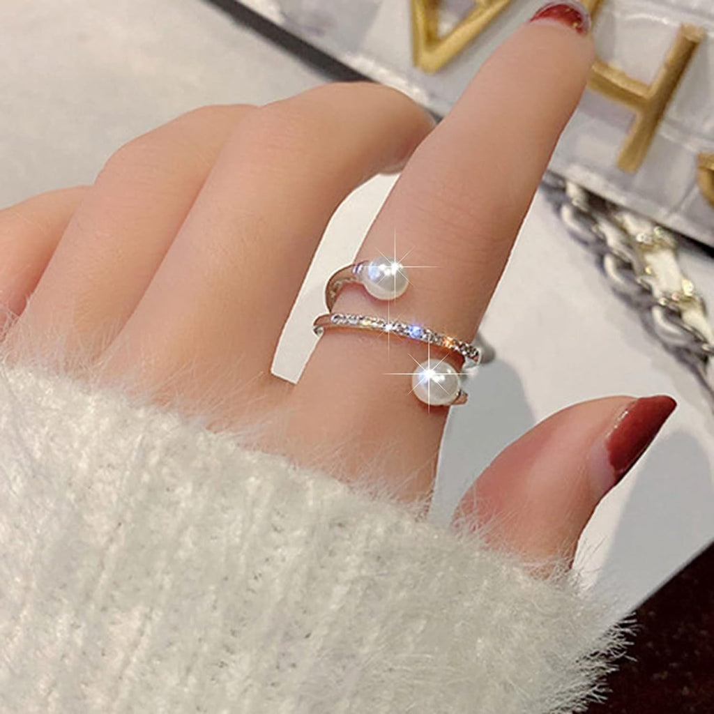 Dual Pearl Cubic Zirconia 18K Gold Free Size Open Back Ring Women Bulk