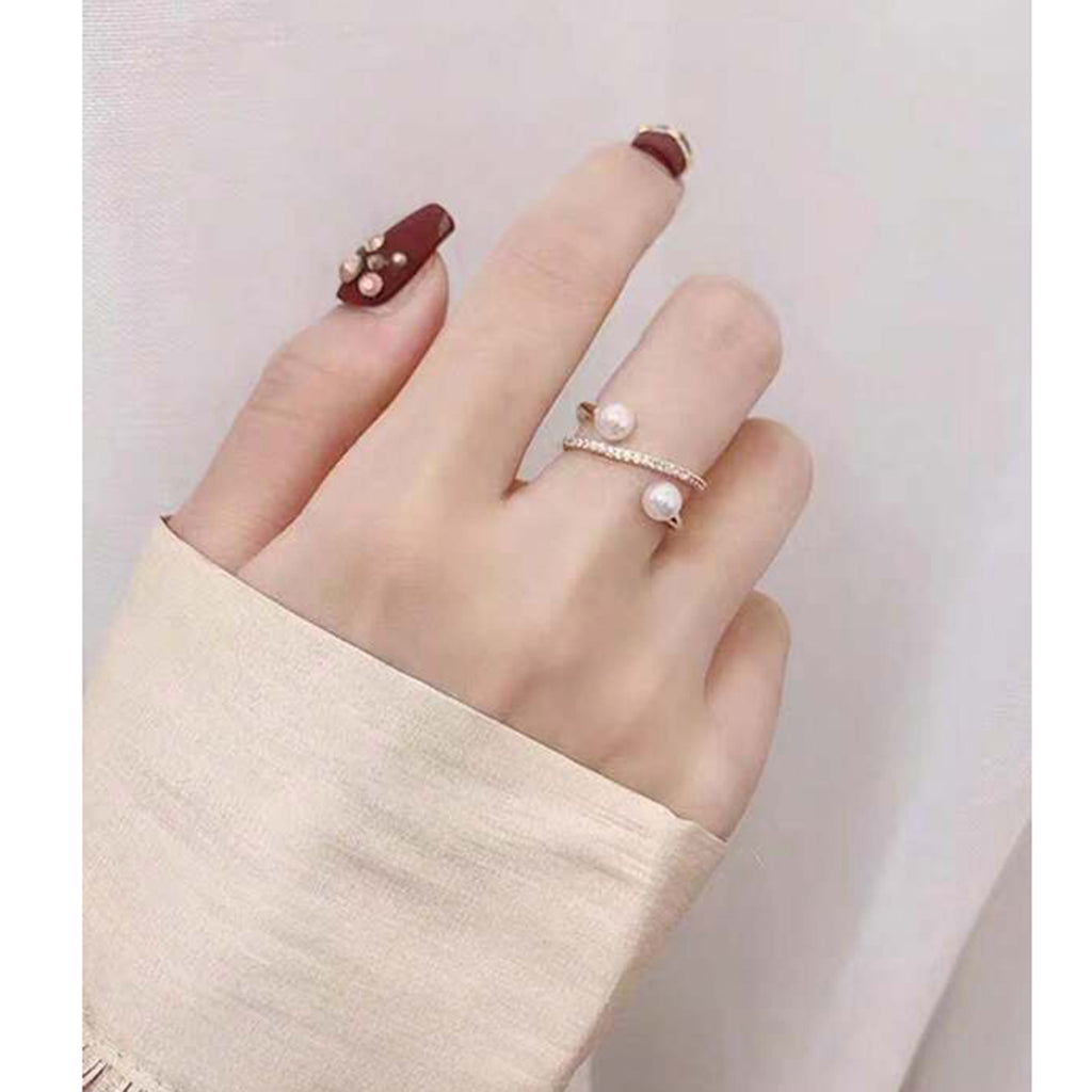 Dual Pearl Cubic Zirconia 18K Gold Free Size Open Back Ring Women Bulk