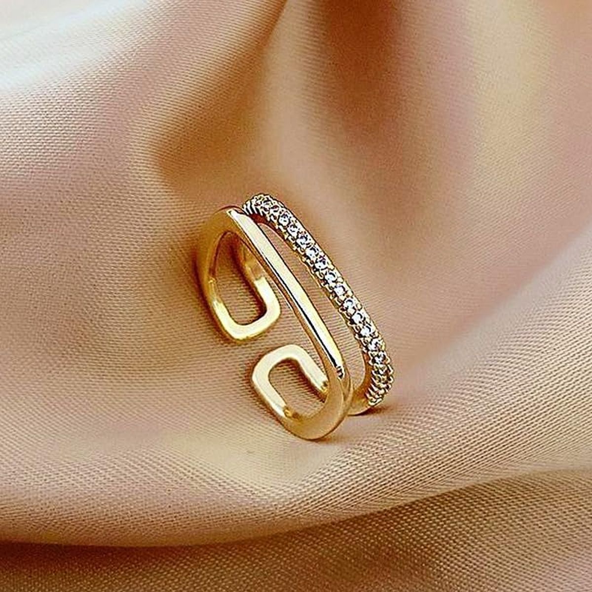 Dual Layer Square CZ 18K Gold Free Size Open Back Ring Bulk