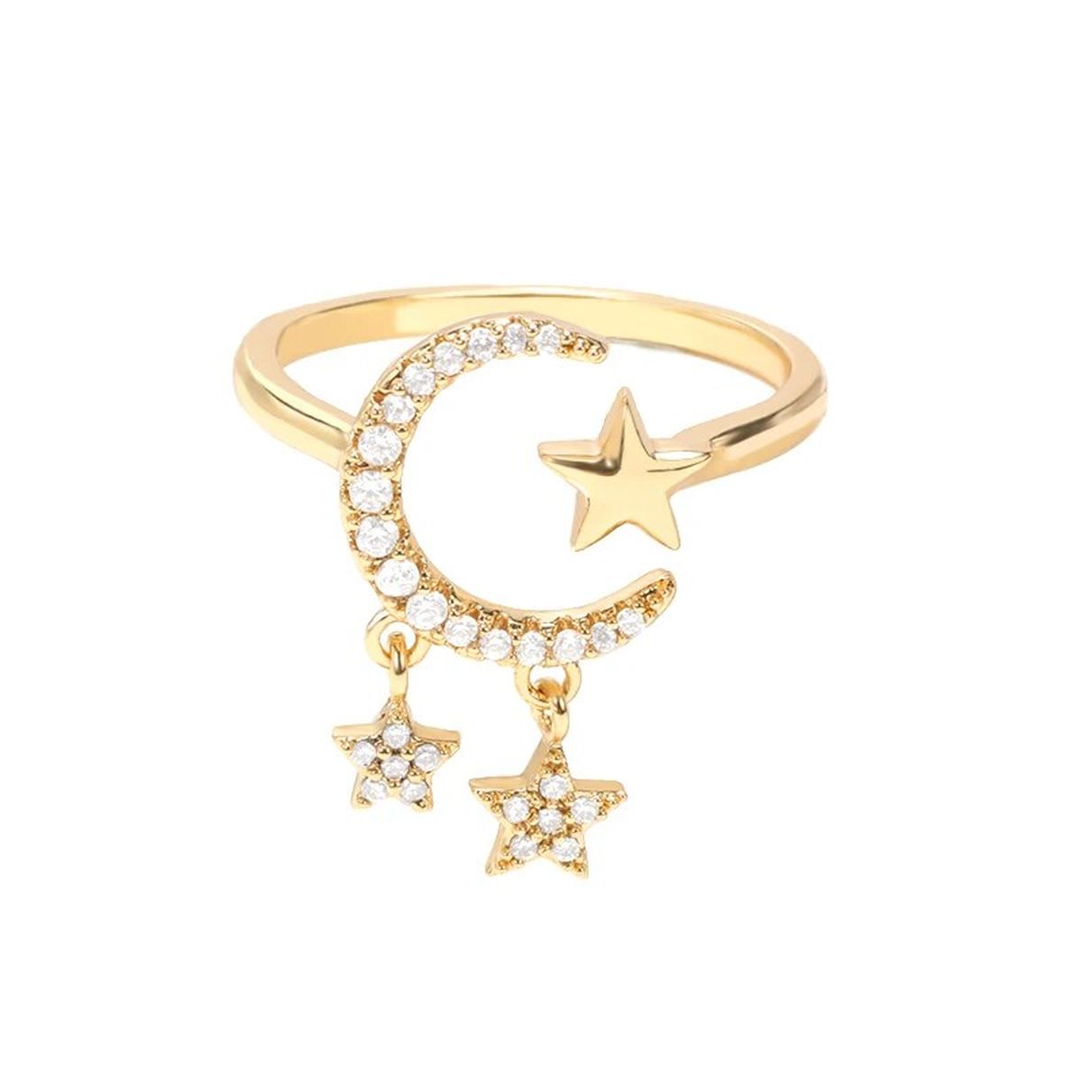 Crescent Moon Star CZ 18K Gold Free Size Open Back Ring Bulk