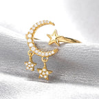 Crescent Moon Star CZ 18K Gold Free Size Open Back Ring Bulk