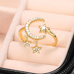 Crescent Moon Star CZ 18K Gold Free Size Open Back Ring Bulk