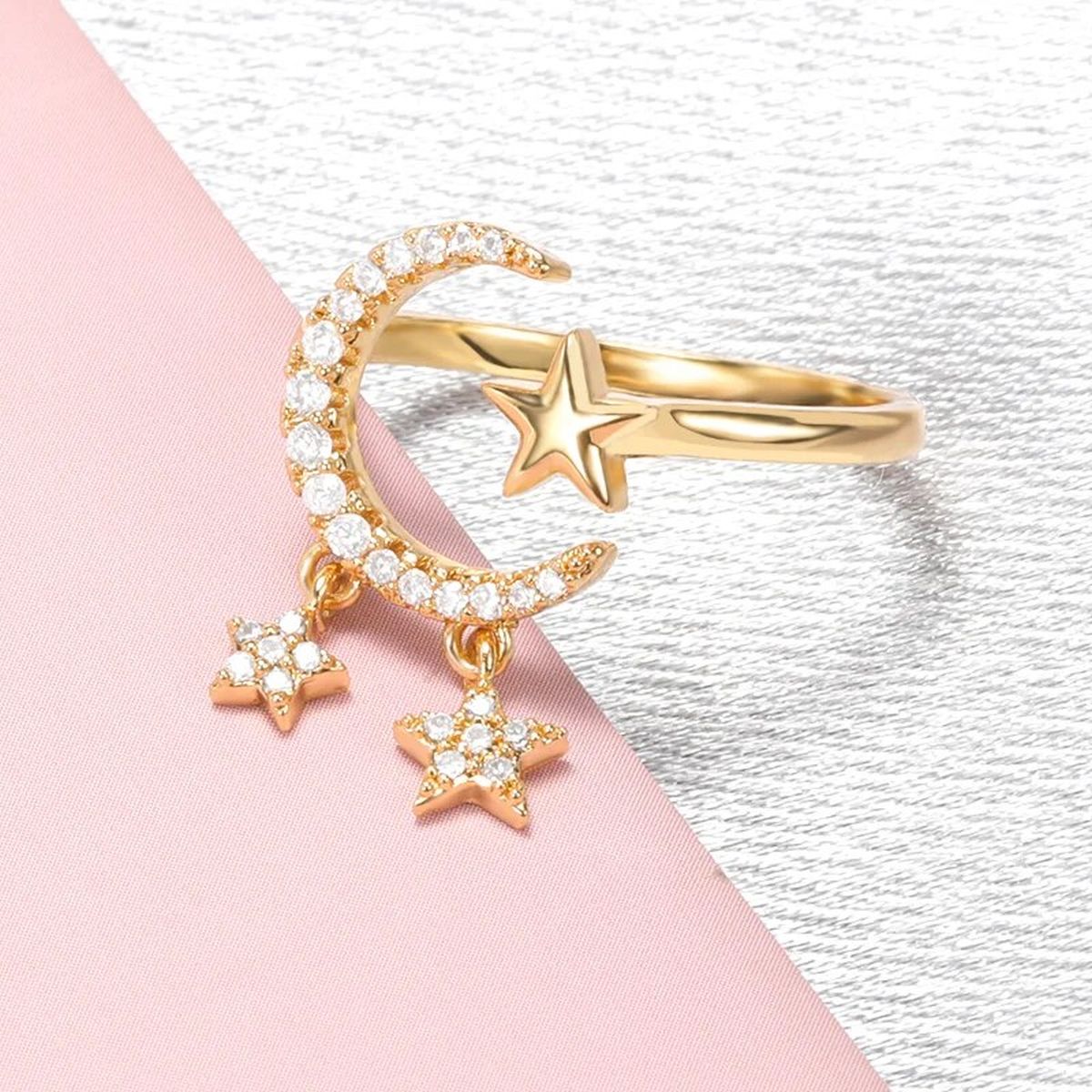Crescent Moon Star CZ 18K Gold Free Size Open Back Ring Bulk