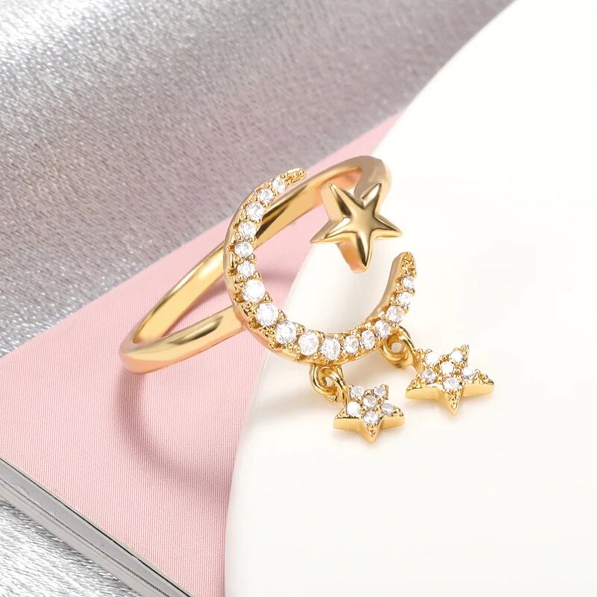 Crescent Moon Star CZ 18K Gold Free Size Open Back Ring Bulk