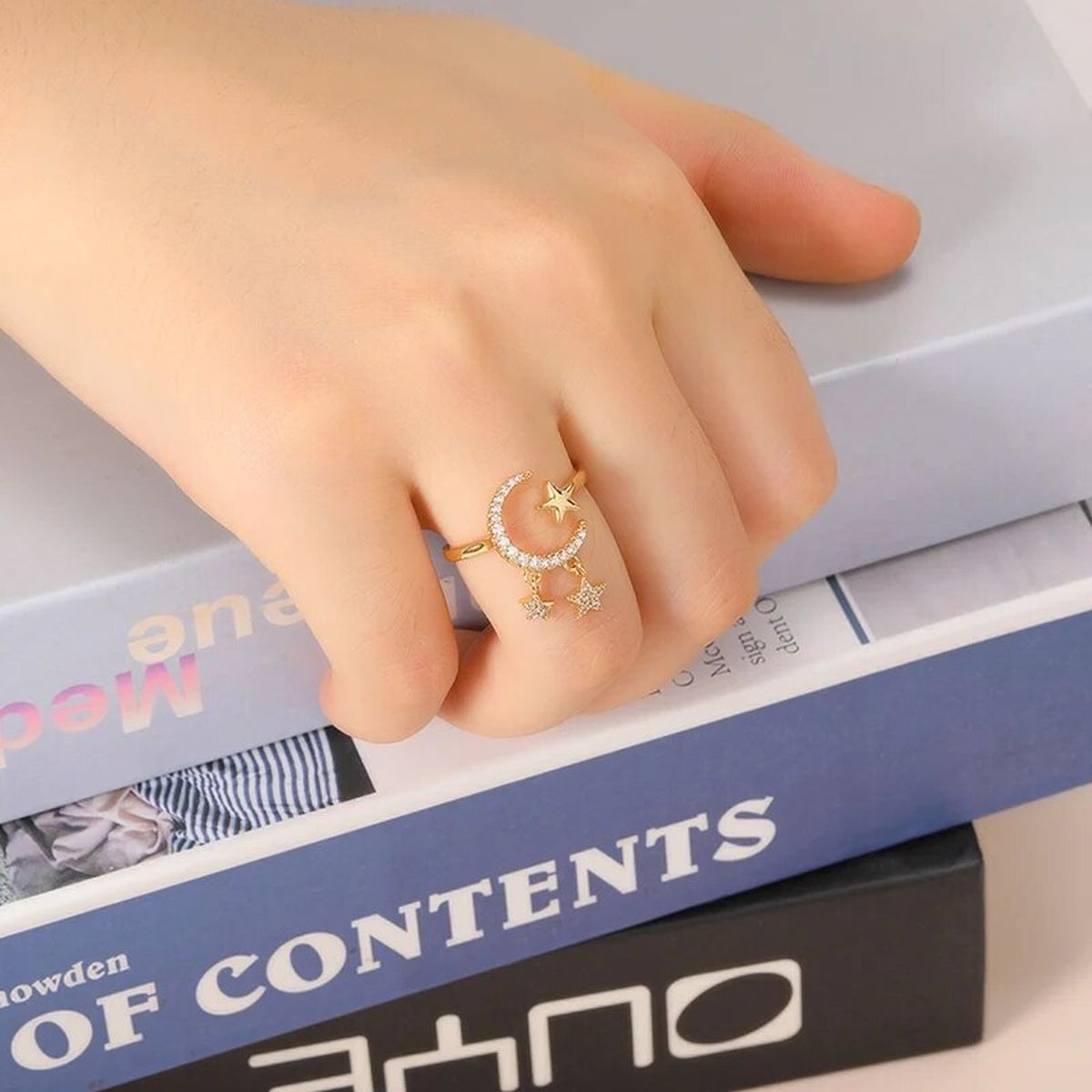 Crescent Moon Star CZ 18K Gold Free Size Open Back Ring Bulk