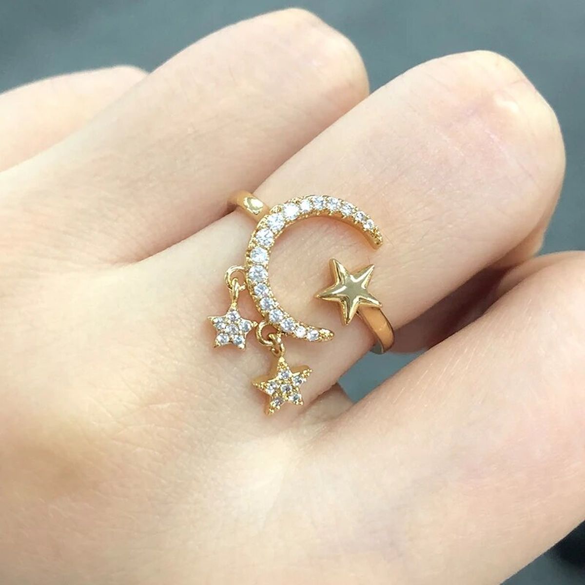 Crescent Moon Star CZ 18K Gold Free Size Open Back Ring Bulk Secondary image