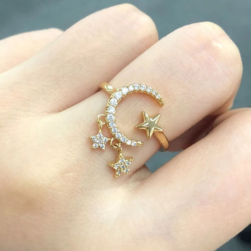 Crescent Moon Star CZ 18K Gold Free Size Open Back Ring Bulk