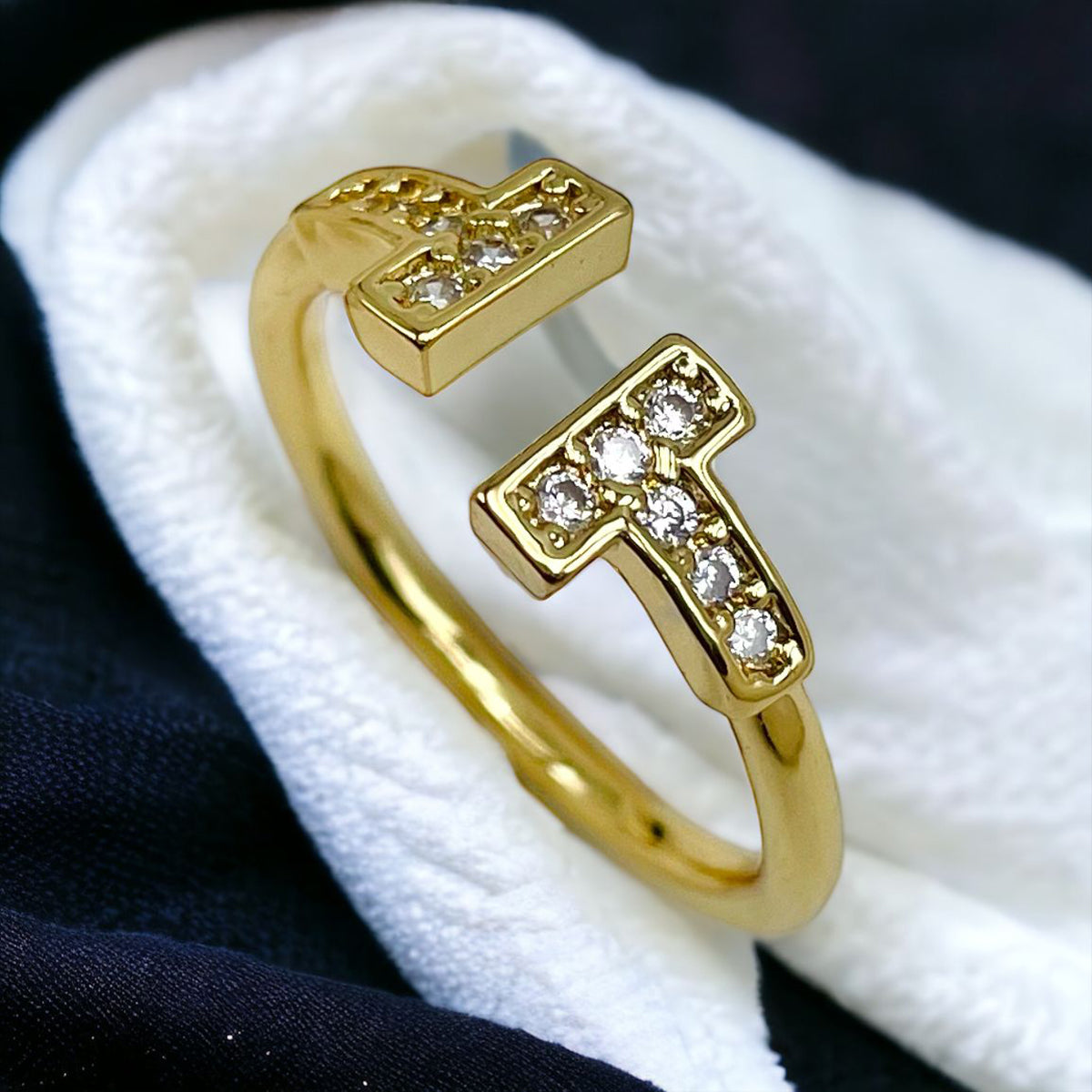 T Shape Cubic Zirconia Anti Tarnish 18K Gold Free Size Ring Women Bulk Main image